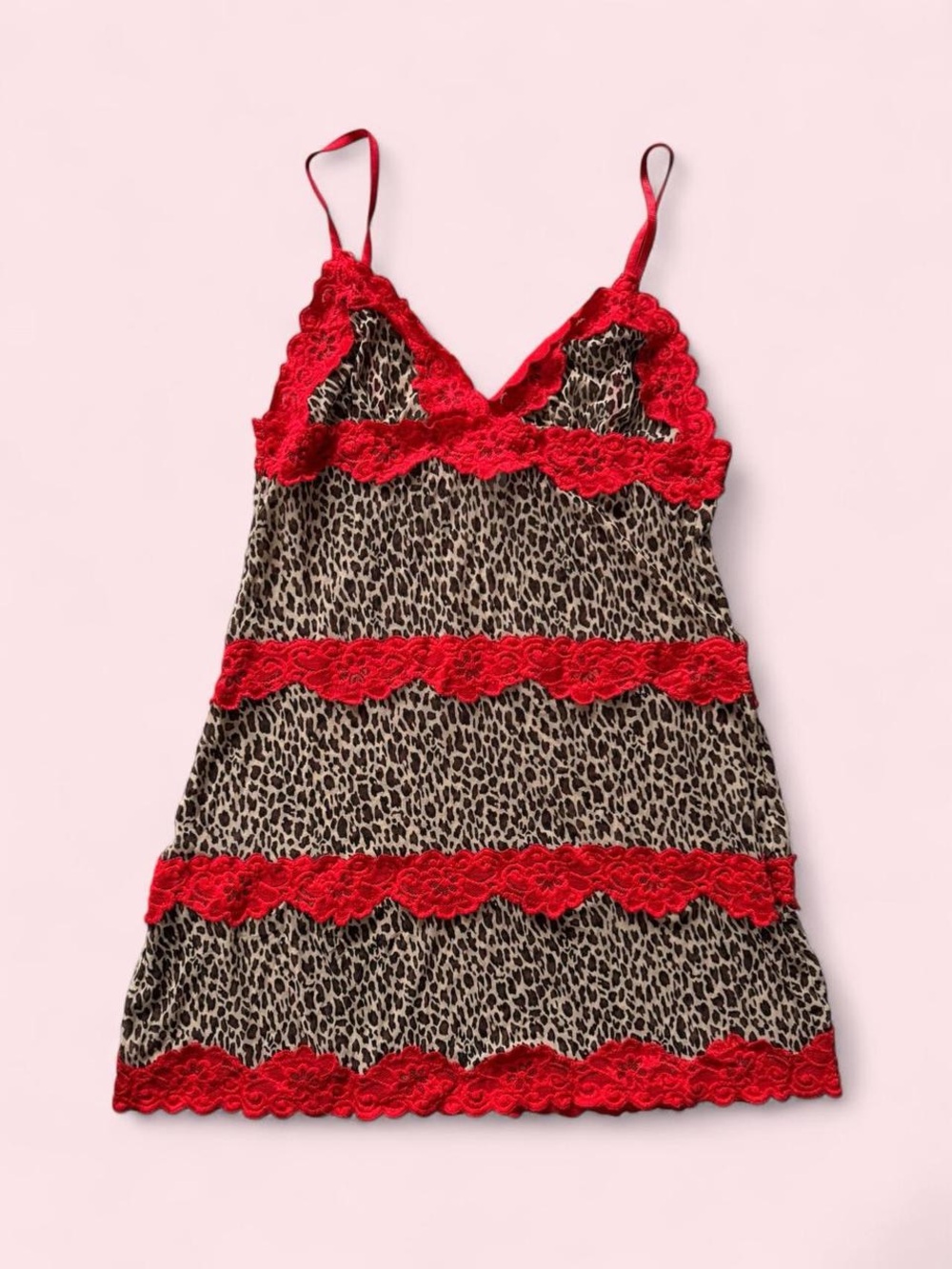 Rampage Leopard Print Slip Dress with Red Lace Trim size LARGE